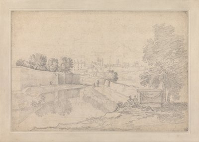 Paesaggio italiano con fiume che scorre tra muro alto a sinistra e alta sponda a destra verso un piccolo... da Richard Wilson